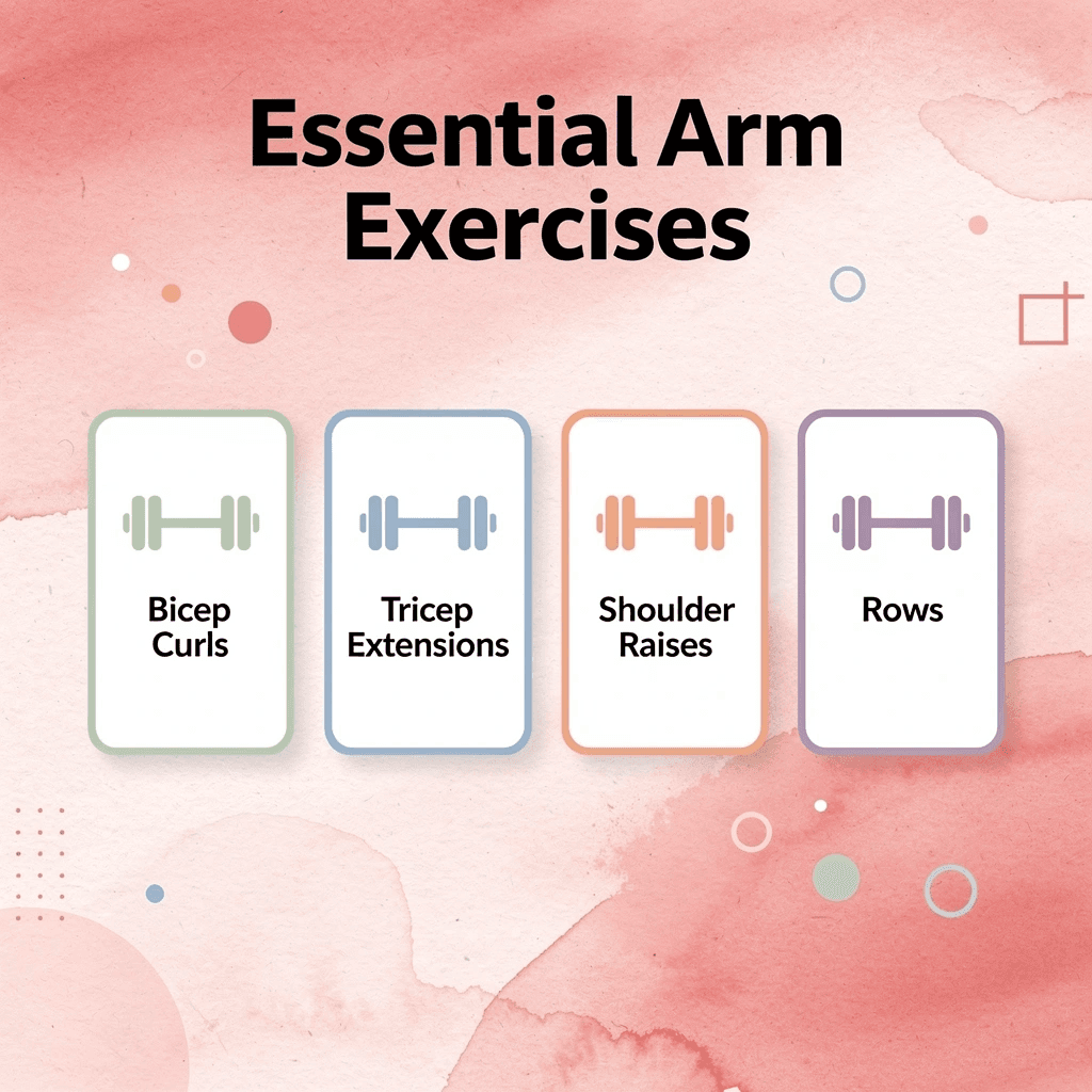 Infographic showing essential arm exercises for postpartum fitness