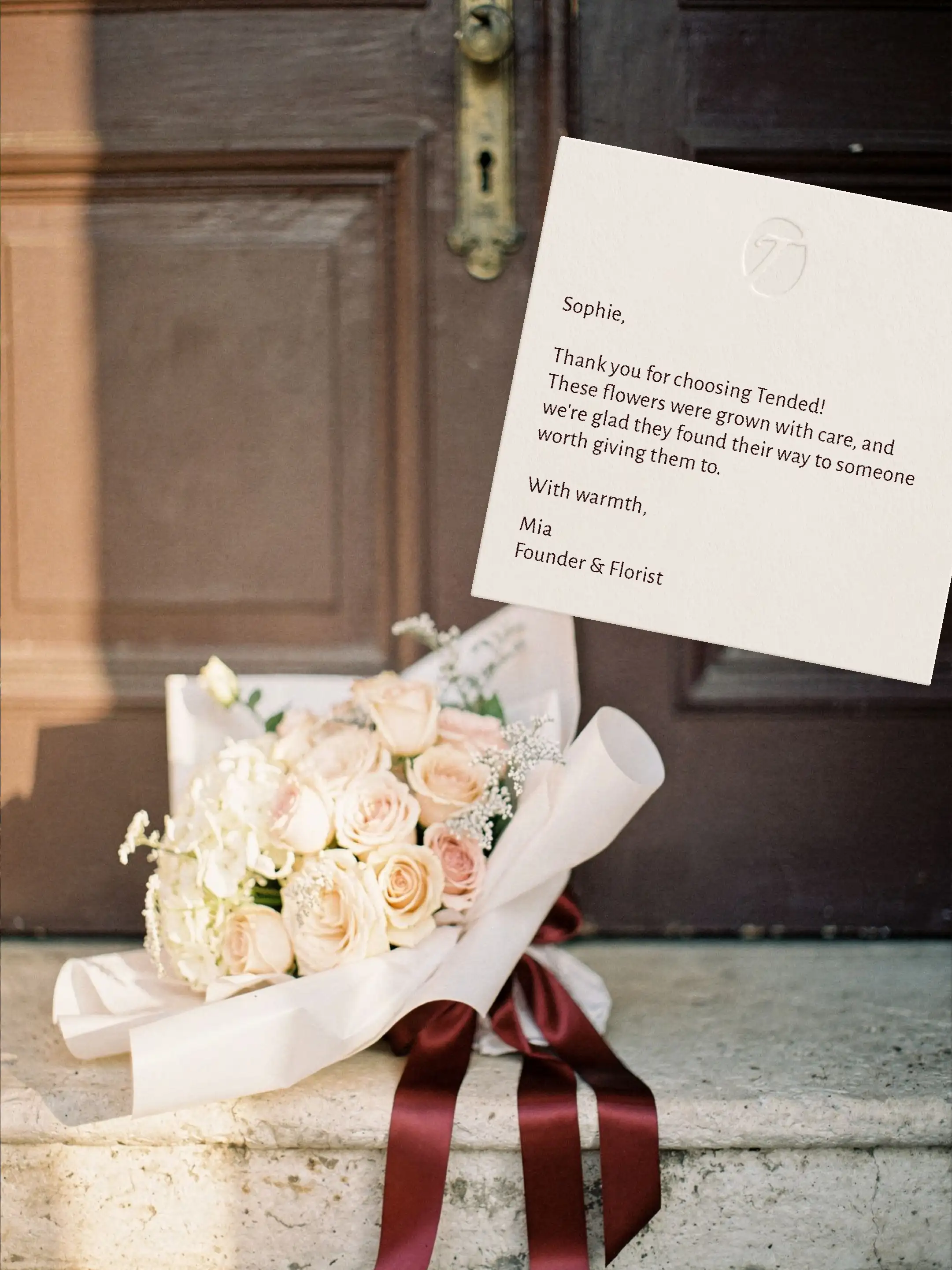 Tended brand identity — personalised note from founder alongside wrapped bouquet