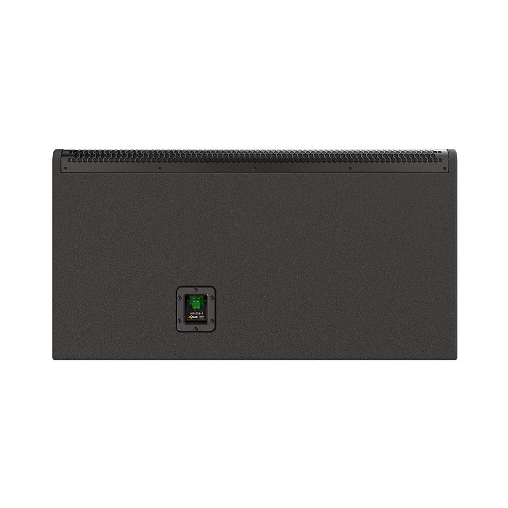 Black speaker with panel and labeling