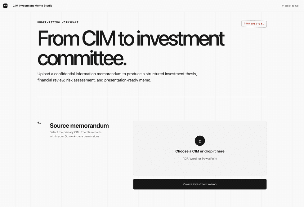 A published app titled CIM Investment Memo Studio, headed From CIM to investment committee, with a Source memorandum step offering a file drop area for PDF, Word or PowerPoint and a Create investment memo button