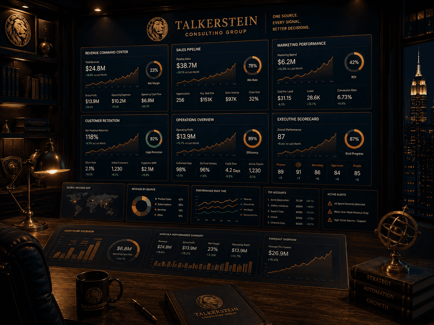 A massive multi-department digital command center display by Talkerstein Consulting Group set in an executive office at night. The dashboard displays tracking cards for a Revenue Command Center, Sales Pipeline, Marketing Performance, Customer Retention, Operations Overview, and an Executive Scorecard showing an 87 overall performance rating