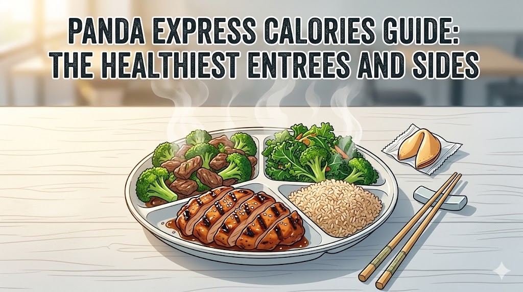 An illustrative guide showing a healthy Panda Express meal with chicken, rice, broccoli, super greens, and the text overlay: "PANDA EXPRESS CALORIES GUIDE: THE HEALTHIEST ENTREES AND SIDES."