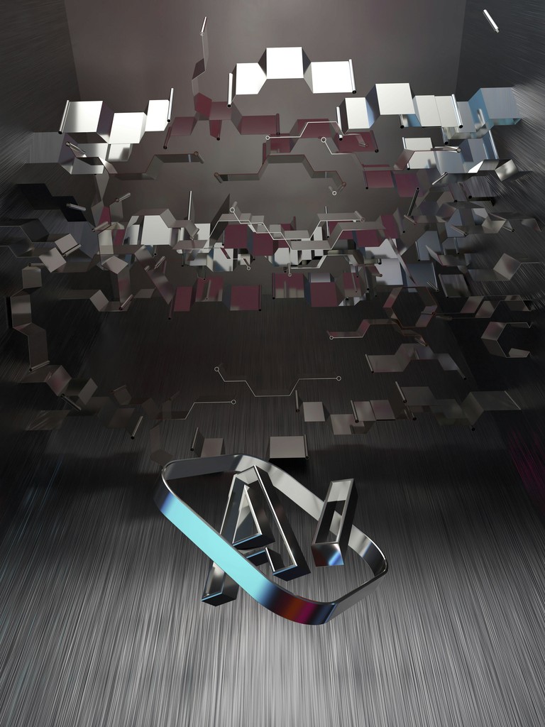 A futuristic digital artwork featuring the letters "AI" in metallic 3D, surrounded by abstract, interconnected geometric shapes, symbolizing advanced artificial intelligence and technology.