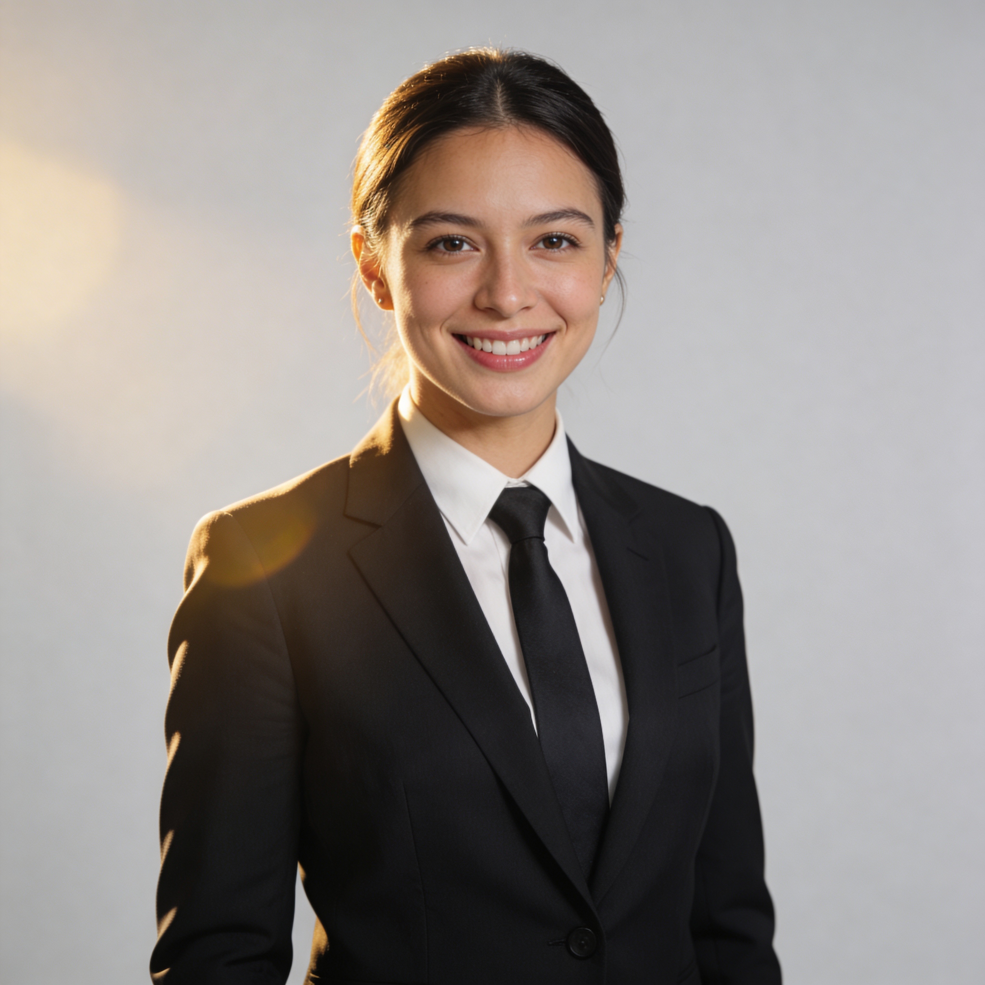 Professional woman in a black suit smiling warmly, modern corporate headshot style