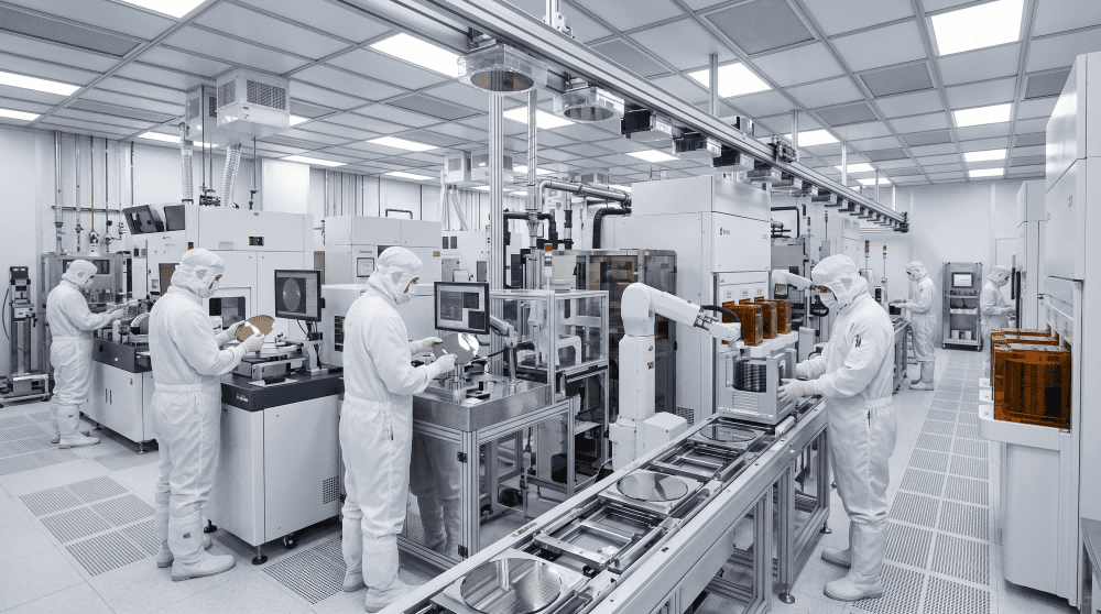 ISO 8無塵室施工完成實景,展示潔淨走廊、氣密門與差壓監測,確保Fanling chip plant穩定運行 / Completed ISO 8 cleanroom corridor with airtight doors and differential pressure monitoring for Fanling chip plant