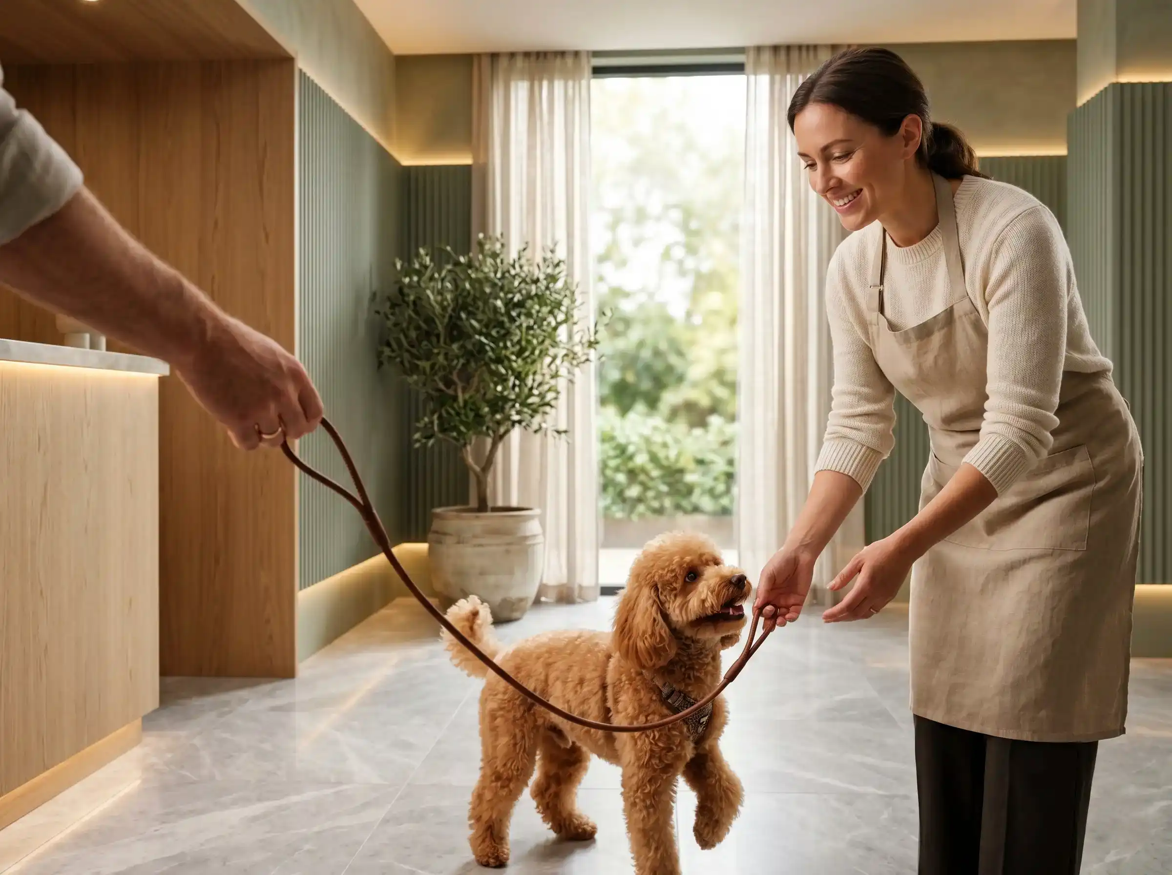 A pet owner arriving at a grooming shop with their dog for an appointment.