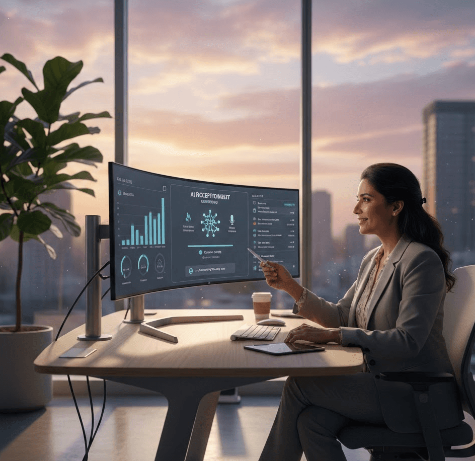 A woman in her 30s sitting in a modern office during sunset, reviewing an AI receptionist dashboard with call analytics and lead notes on a large curved monitor. Captured in a professional, warm atmosphere with a shallow depth of field.