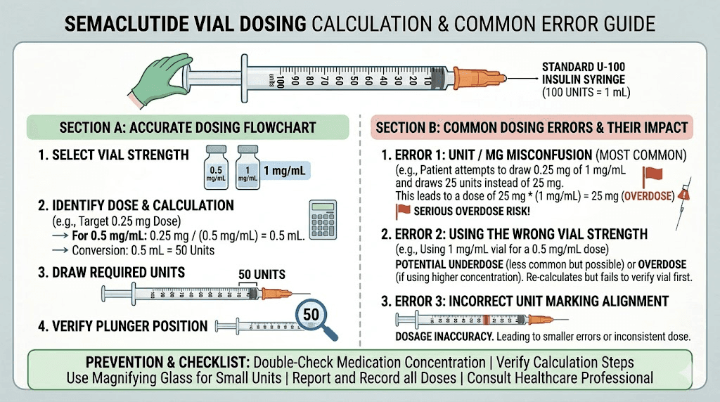 Semaglutide compounded vial dosing calculation chart for different concentrations