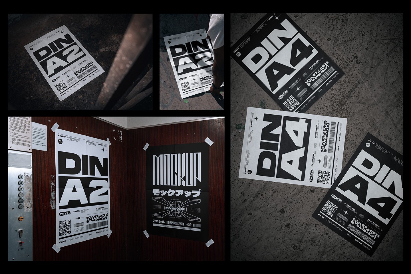 Poster mockups from Flyerwrk Freebies Vault shown in realistic environments and street settings