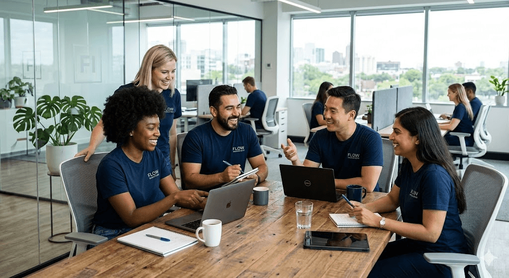 Equipe corporativa usando camisetas personalizadas com logo da empresa em ambiente profissional moderno