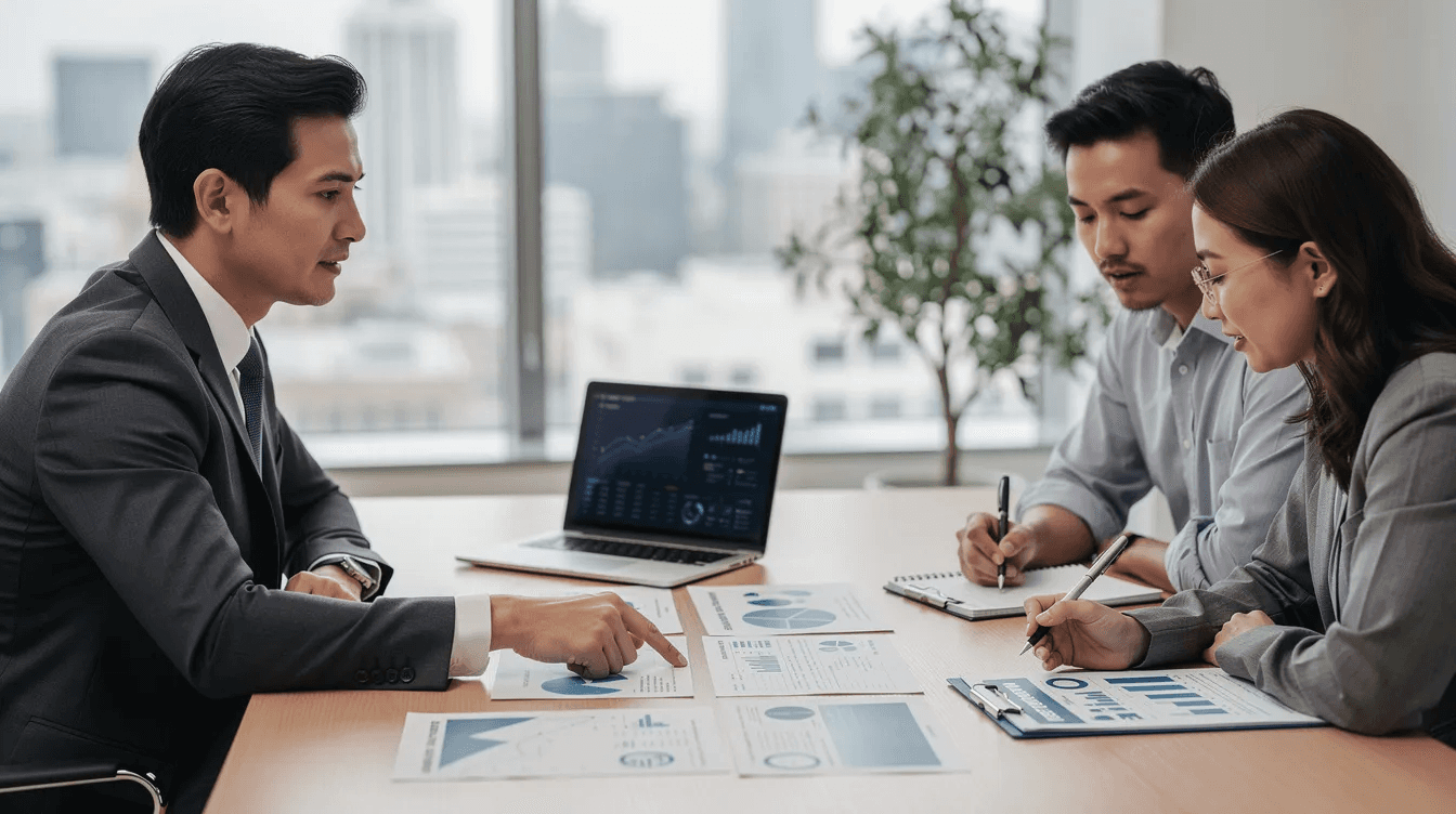 The image depicts a professional meeting between a financial advisor and clients, as they review important documents at a desk. The setting emphasizes the discussion of tax strategies, including charitable giving and tax deductions, to maximize tax benefits and support their financial planning.