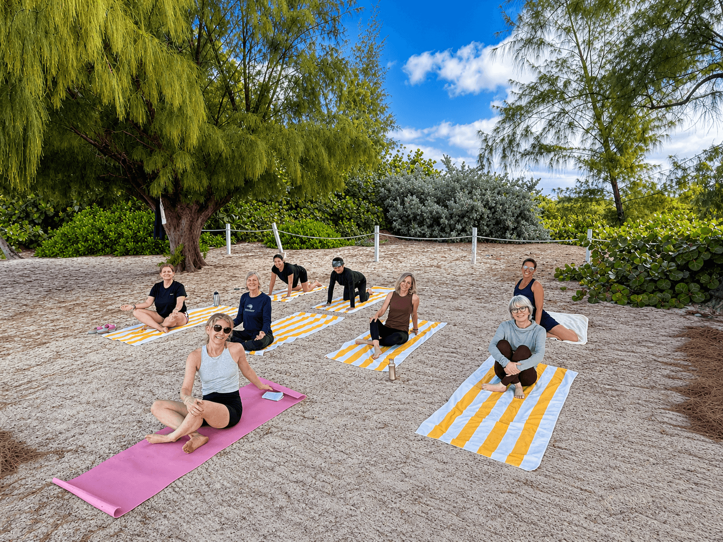 Group yoga and movement session on the beach during a retreat