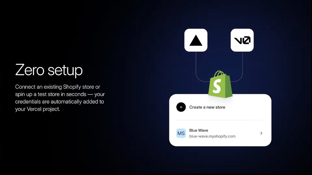 Connect an existing Shopify store or spin up a test store with credentials auto-added to your Vercel project