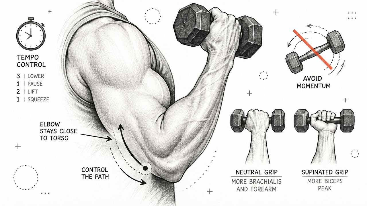 A detailed illustration showing proper dumbbell curl technique with focus on tempo control, elbow position, and grip variations.