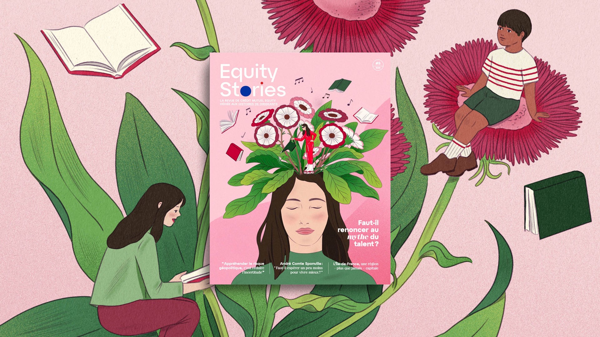Illustration de style bande dessinée sur fond rose, montrant la couverture d'une publication intitulée "Equity Stories" au milieu de personnages qui lisent et de grandes fleurs.