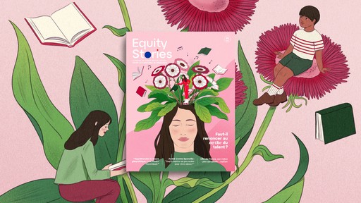 Illustration de style bande dessinée sur fond rose, montrant la couverture d'une publication intitulée "Equity Stories" au milieu de personnages qui lisent et de grandes fleurs.
