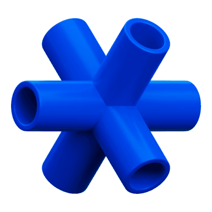 A 3D rendered geometric shape resembling a purple plastic pipe connector with six cylindrical openings arranged symmetrically, showcasing a modern and abstract design.