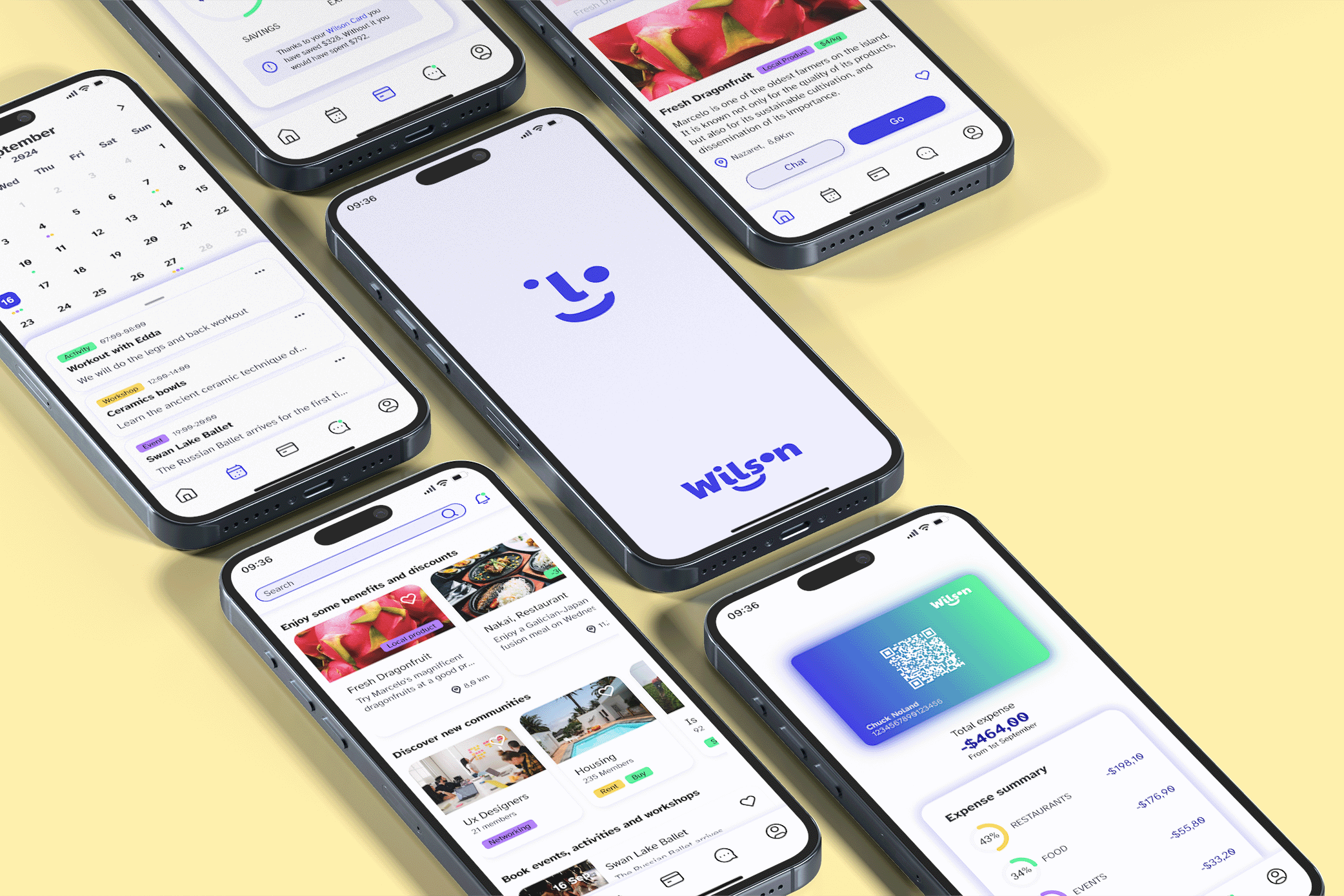 Mockup of several screens Wilson's app