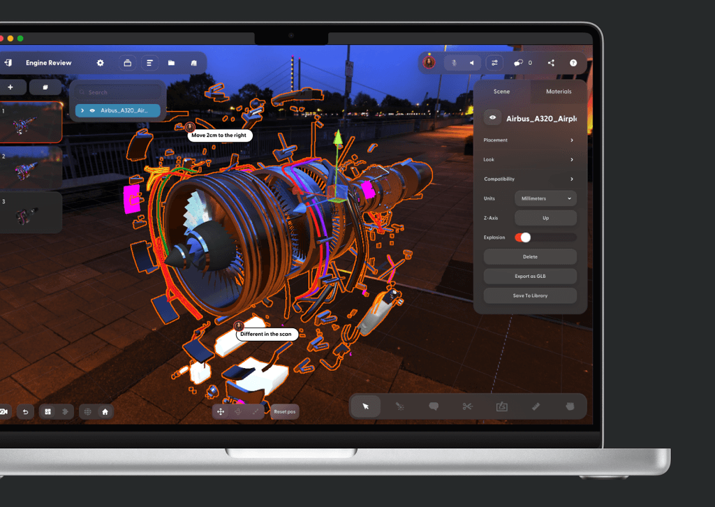 A complex mechanical design is displayed on a laptop screen in the Campfire app