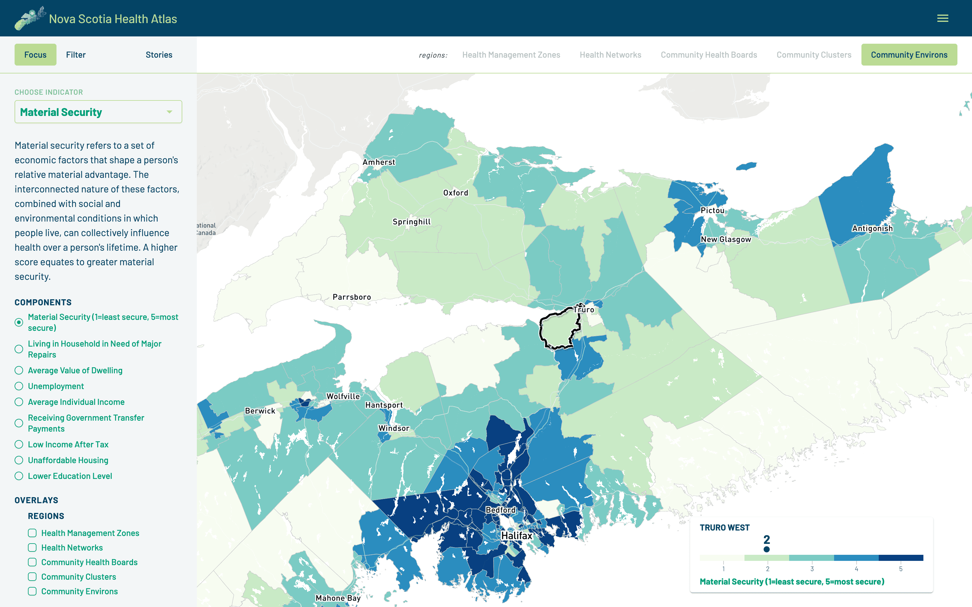 Nova Scotia Health Atlas zoomed to community environs around Truro, showing material security with Truro West selected