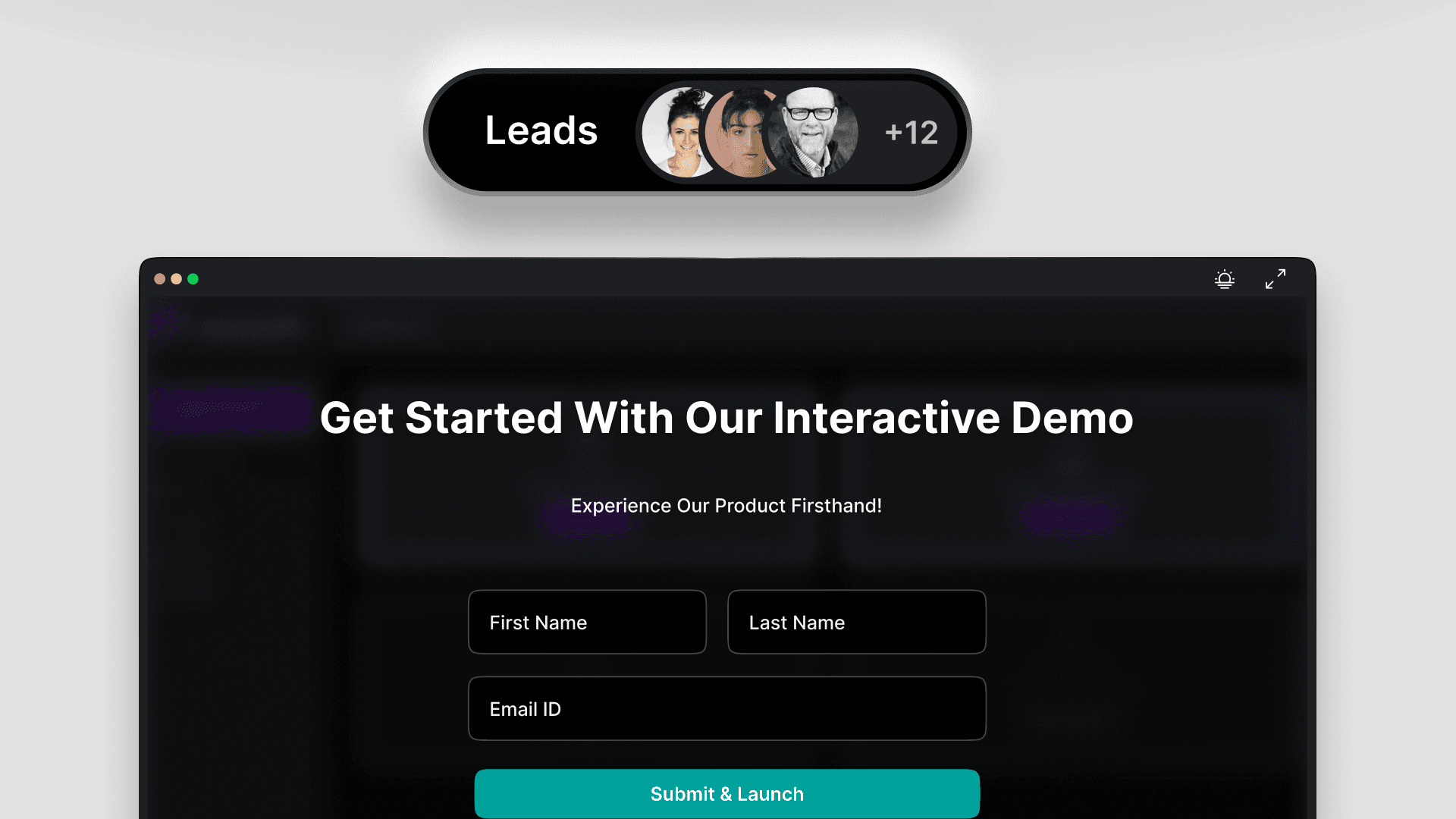 A web interface displays a demo signup form with fields for first name, last name, and email, accompanied by a "Submit & Launch" button, while an overlay at the top shows avatar icons and a notification stating "+12 Leads" in a clear banner.