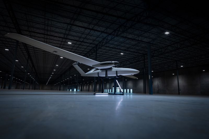 Griffon Aerospace Valiant UAS on display in a large, dimly lit hangar