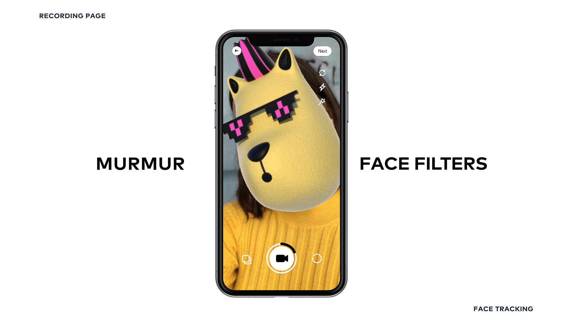 A smartphone displays a face filter featuring a cartoon character wearing a pink party hat and sunglasses. The text "MURMUR" and "FACE FILTERS" are positioned on either side of the phone. Below the phone, the text "FACE TRACKING" is visible.