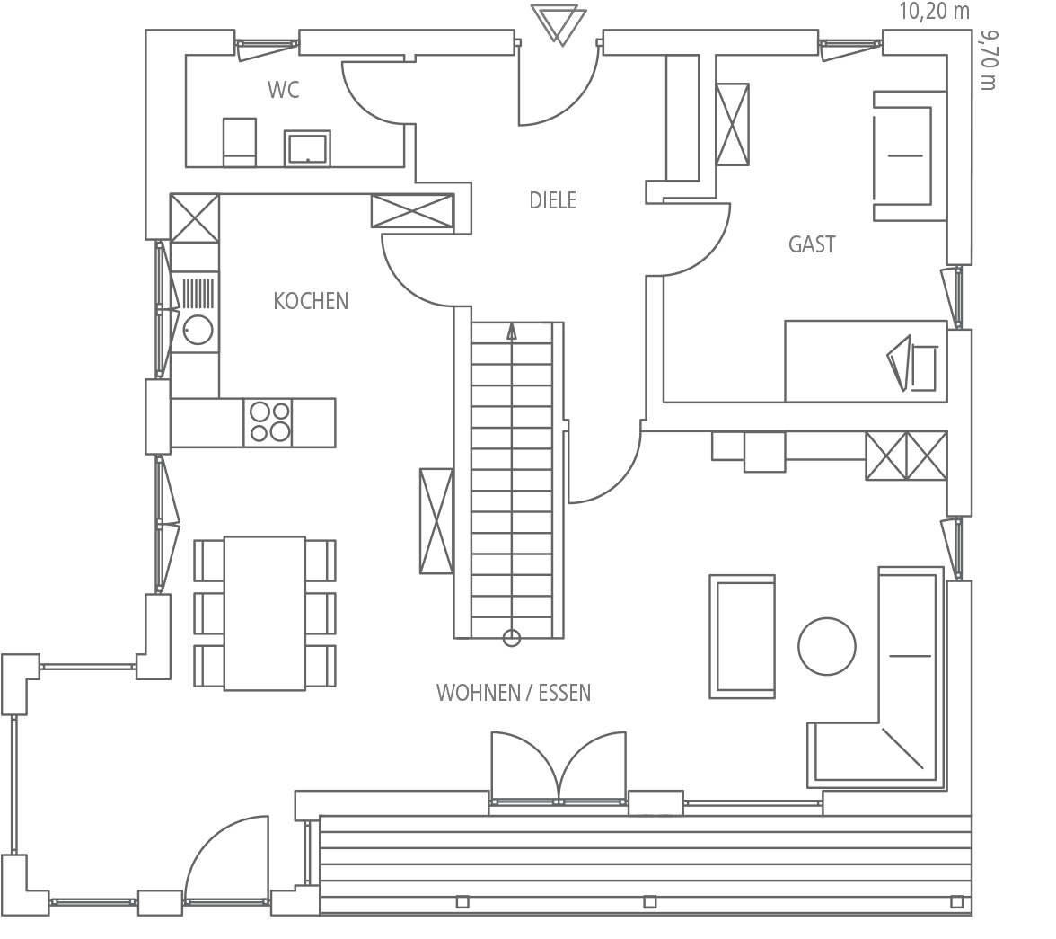 Grundriss einer modernen Wohnung mit zentraler Diele, Küche, Wohn-/Essbereich, Gästezimmer sowie WC und Treppenhaus.