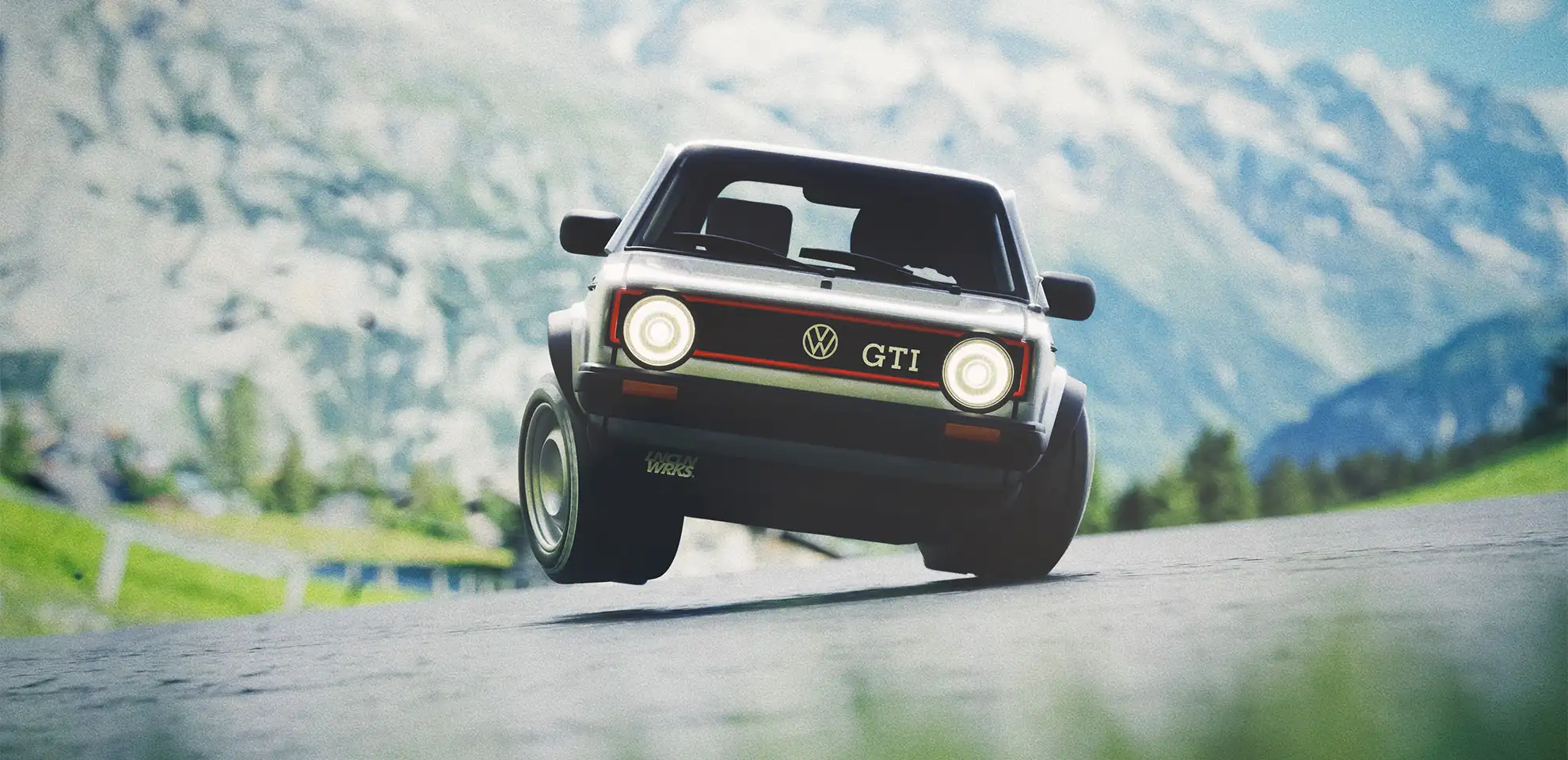 A digital rendering of a Volkswagen GTI hatchback from a front angle.