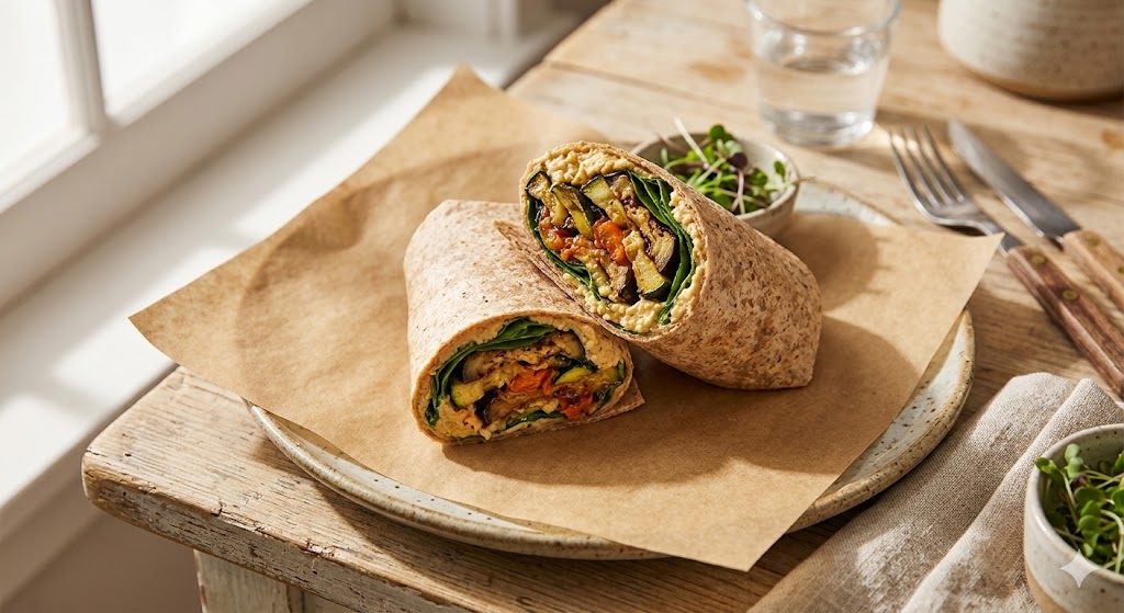 A whole wheat tortilla wrap filled with hummus, roasted zucchini, eggplant, and fresh spinach, cut in half and served on a rustic plate with a side of microgreens.