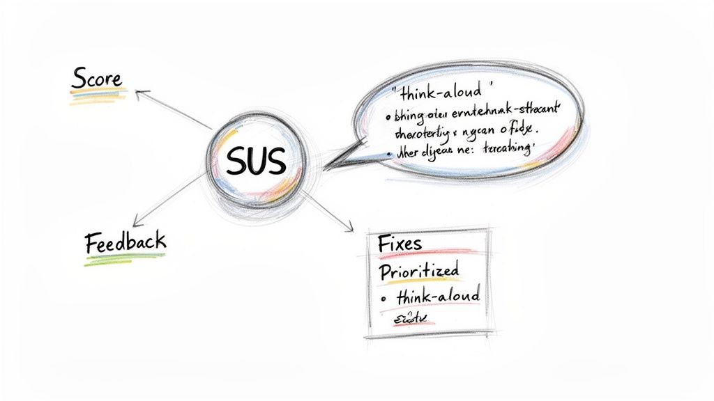 A hand-drawn diagram illustrating the System Usability Scale (SUS) process with score, feedback, and prioritized fixes.