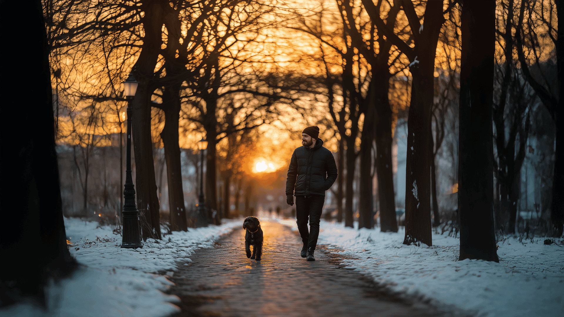 Mann spaziert mit Hund auf einem verschneiten Weg bei Sonnenuntergang, umgeben von winterlicher Natur und leuchtenden Laternen.