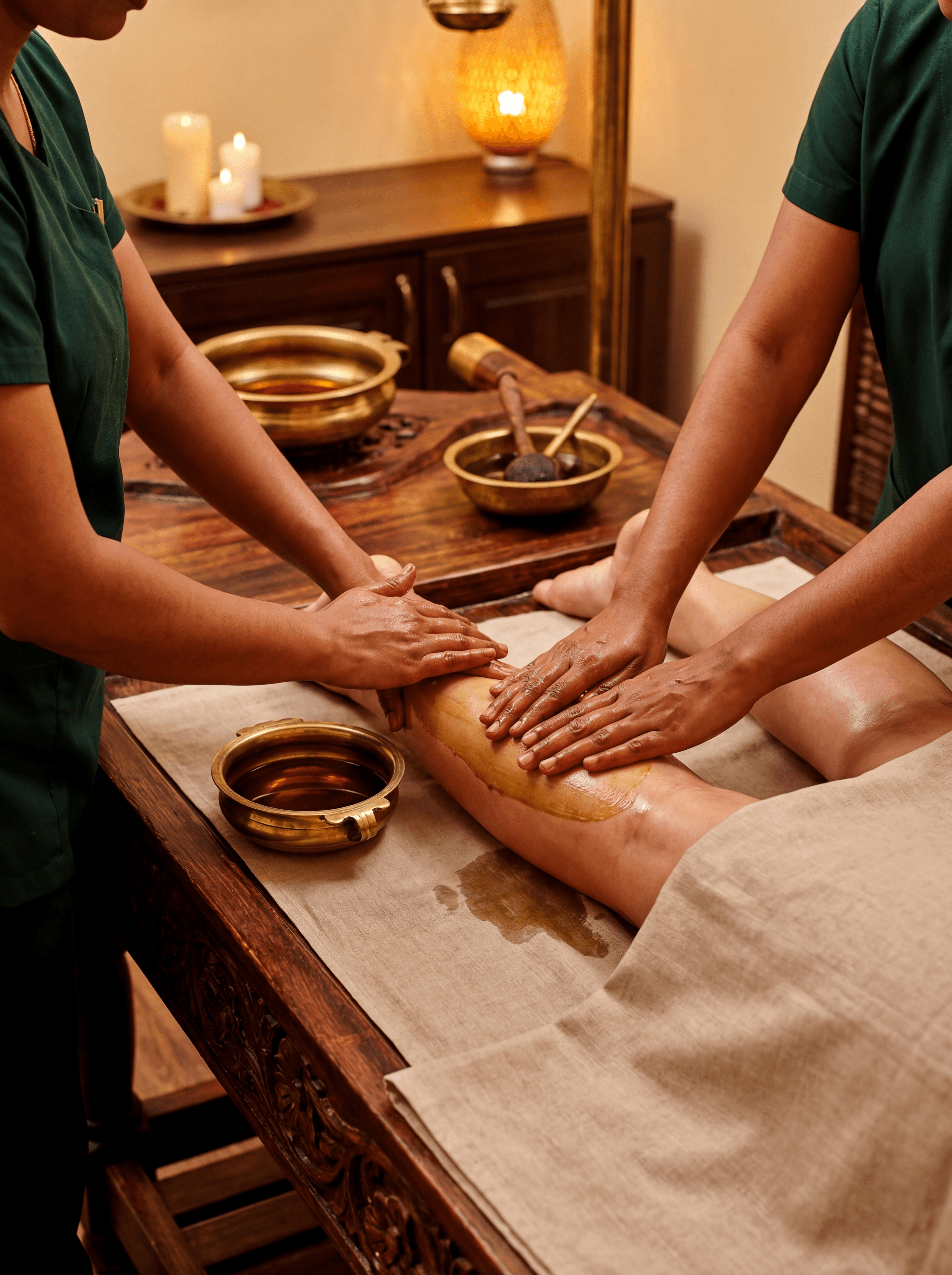 A close-up indoor scene of classical Abhyangam therapy: two Indian Ayurvedic practitioners wearing green applying warm medicated herbal oil in synchronized, mirrored strokes along the arms or legs of a same-gender guest on a traditional Indian wooden pathi. Focus on symmetry, rhythm, oil texture, and coordinated hand movement. Linen draping, carved wooden surface, brass oil bowls visible. Soft warm ambient lighting, fully enclosed room, minimal composition. Deeply grounding, nourishing, classical Ayurveda aesthetic.