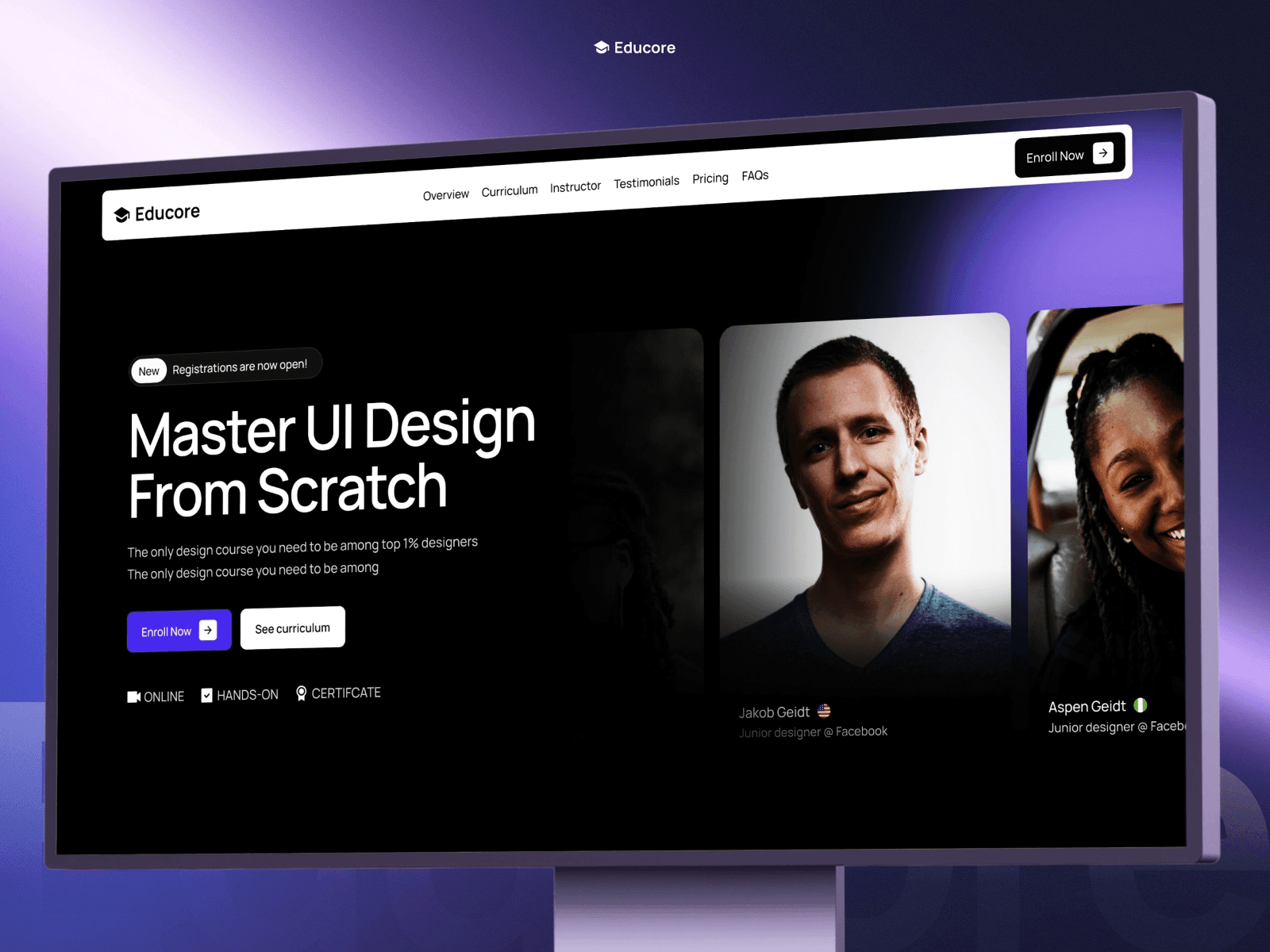 Educore UI design course website mockup featuring dark interface and purple accents.