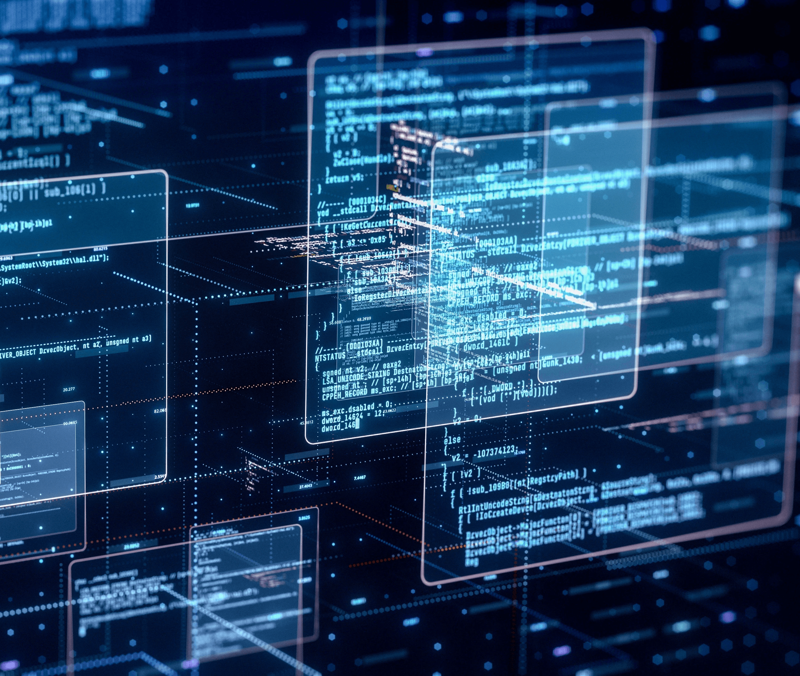 Abstract digital interface showing multiple floating panels of computer code connected by lines and data points, set against a dark blue background to represent a complex network or software system.