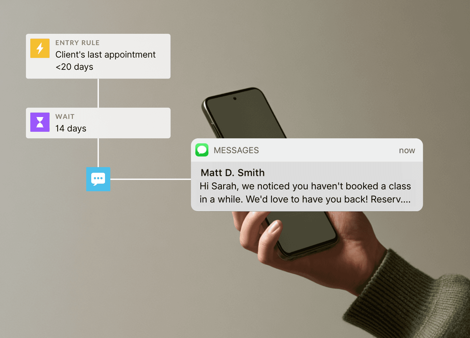 Phone screen showing an automated appointment reminder text sent to a client approaching their 60 day mark