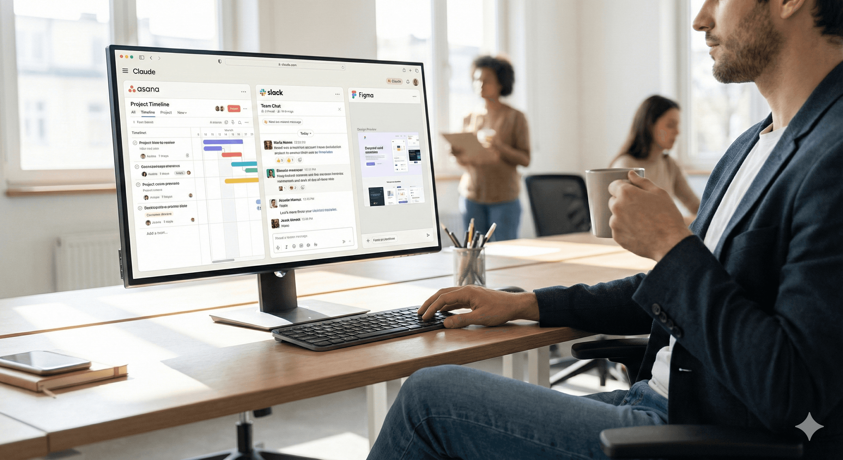 A person sits at a desk in a modern office, viewing project management tools on a computer monitor, while holding a coffee cup; colleagues are seen collaborating in the background.