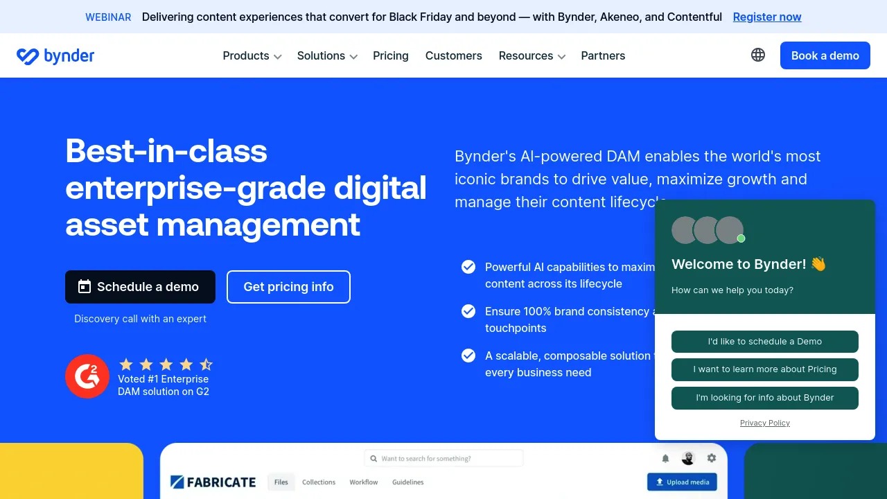 Screenshot of the Bynder website showing digital asset management and collaboration platform features