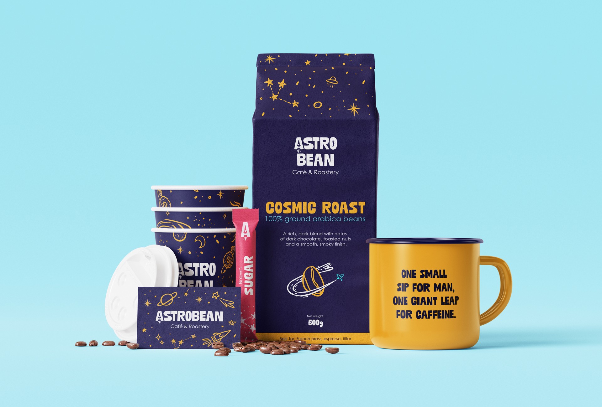 A collection of printed items, such as paper cups, loyalty cards, a bag of coffee beans a mug as merch