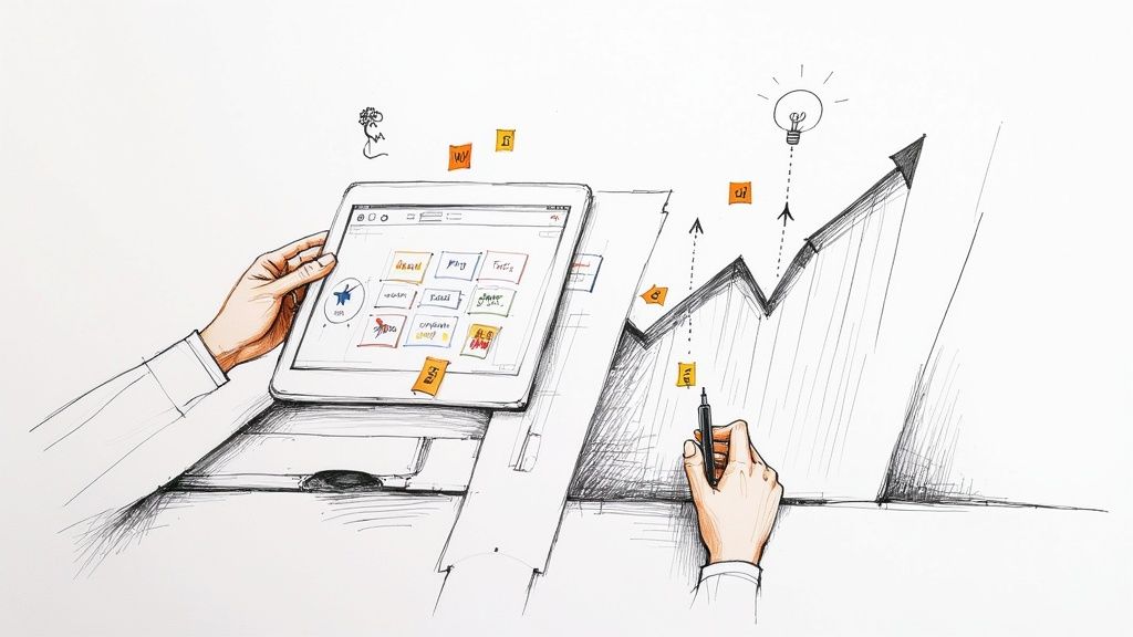 Business professional analyzing growth charts and digital planning dashboard on tablet with upward trending arrow