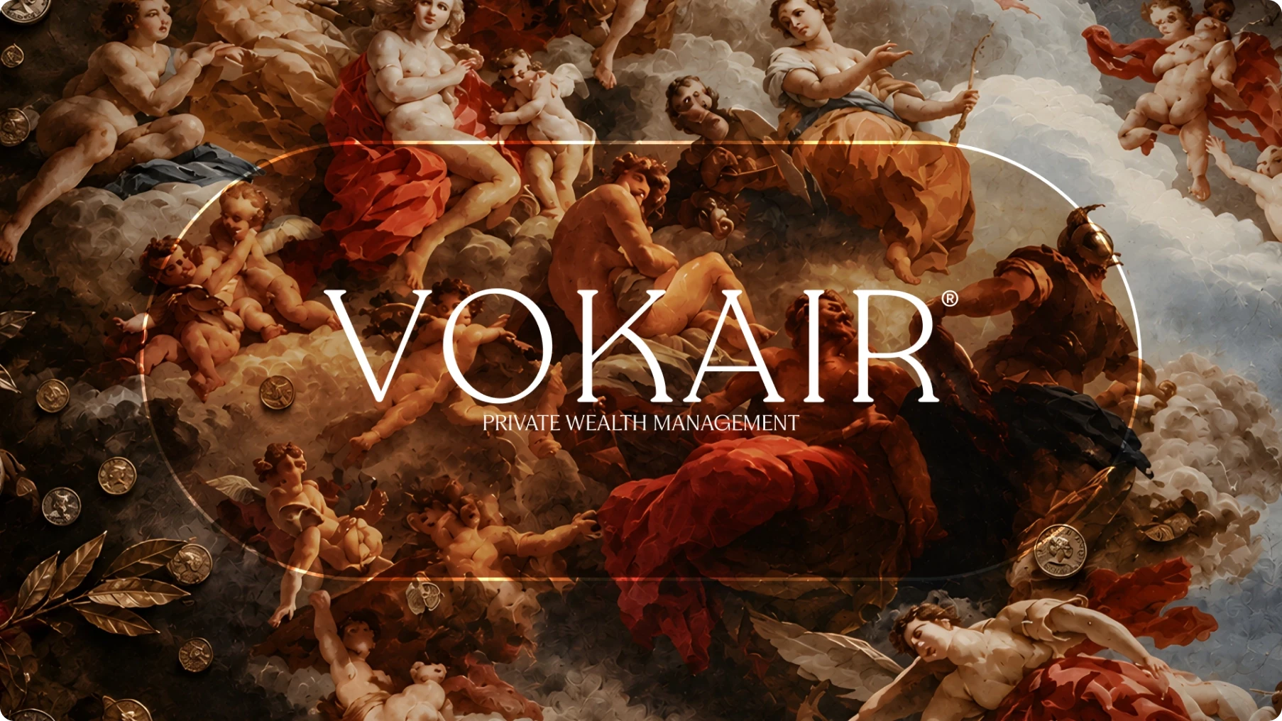 Baroque-style mythological scene with cherubs, figures, coins, and clouds surrounding the “VOKAIR Private Wealth Management” logo in warm tones.