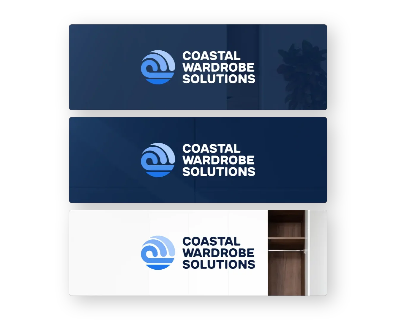 Professional social media banner suite for Coastal Wardrobe Solutions by Made by Campfire, featuring the minimalist wave logo and bold typography optimized for high-end home improvement marketing.