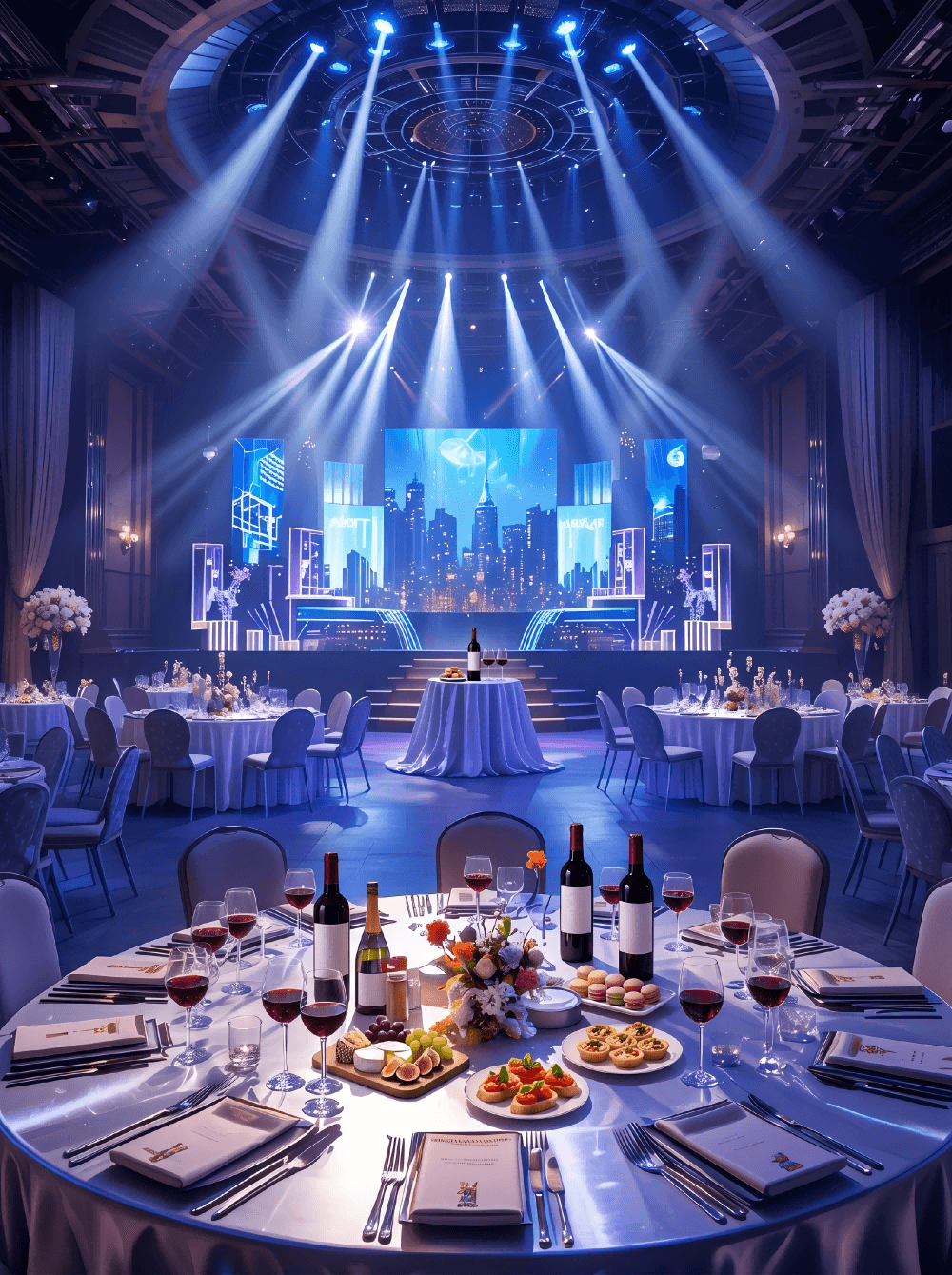 高端定制商業發佈會套餐提供大型舞台製作沉浸式LED視覺完整品牌物料VIP接待與直播技術支援，適合大型品牌亮相與路演 Premium bespoke corporate brand launch package with immersive LED stage, VIP area and live streaming support