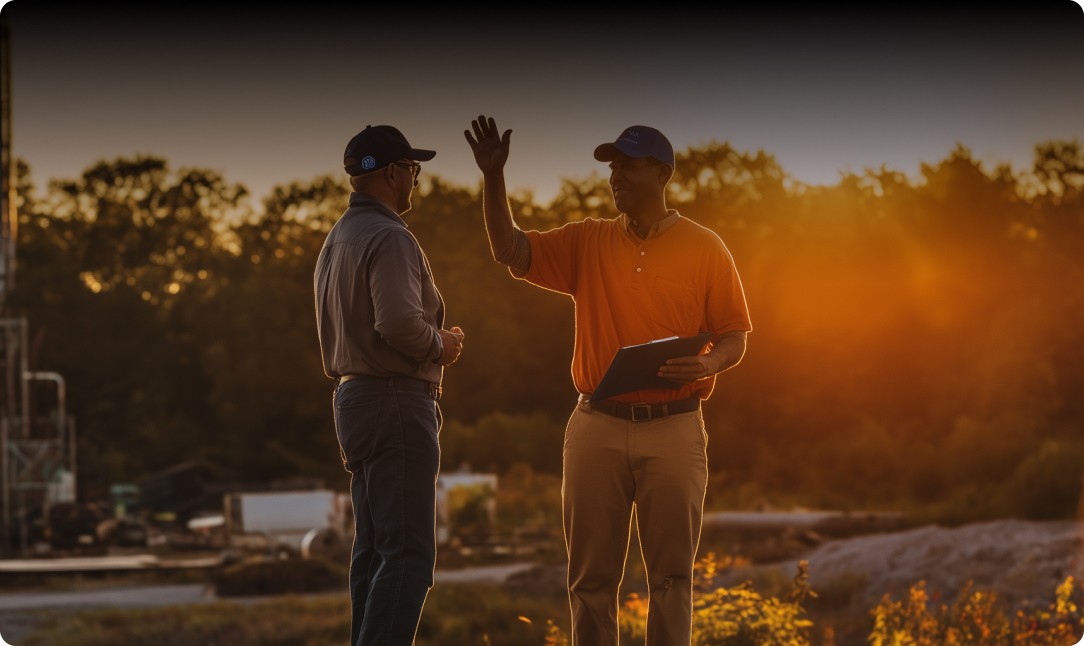 Two men in work clothes and baseball caps stand in an open field at sunset, with one man raising his hand in a wave or greeting while holding a clipboard, set against a warm, golden-hour backdrop.