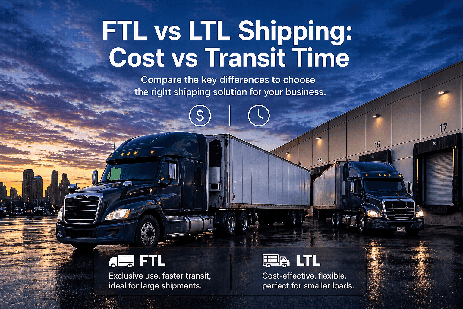 Two semi trucks parked at a warehouse during sunset with text comparing FTL and LTL shipping, highlighting cost and transit time differences.