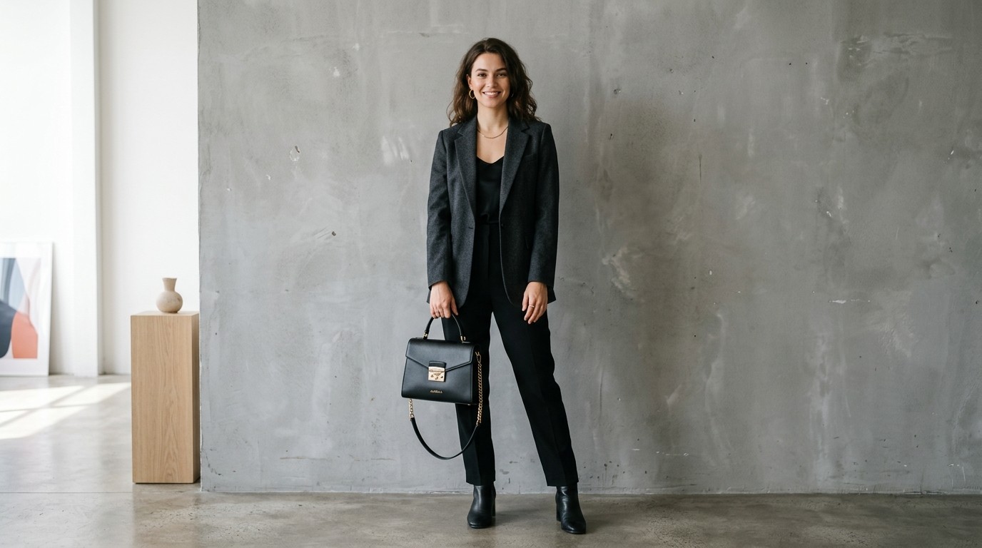 Woman in blue lather jacket