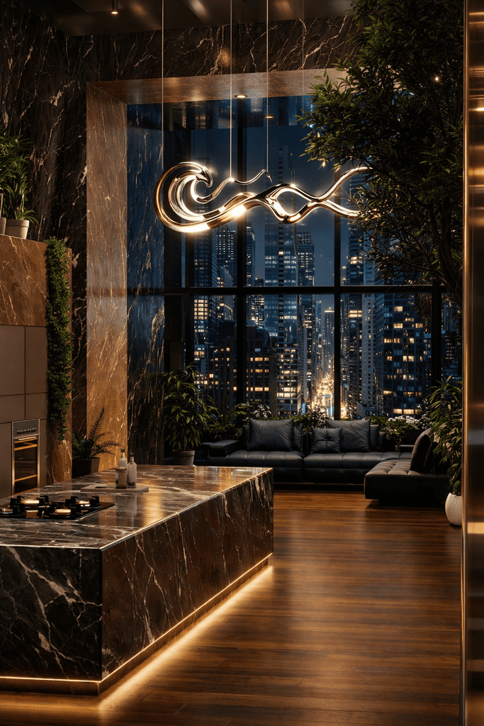 Artistic bronze sculptural chandelier lighting an elegant luxury kitchen with marble surfaces, warm ambient lighting, and a panoramic city skyline at night.
