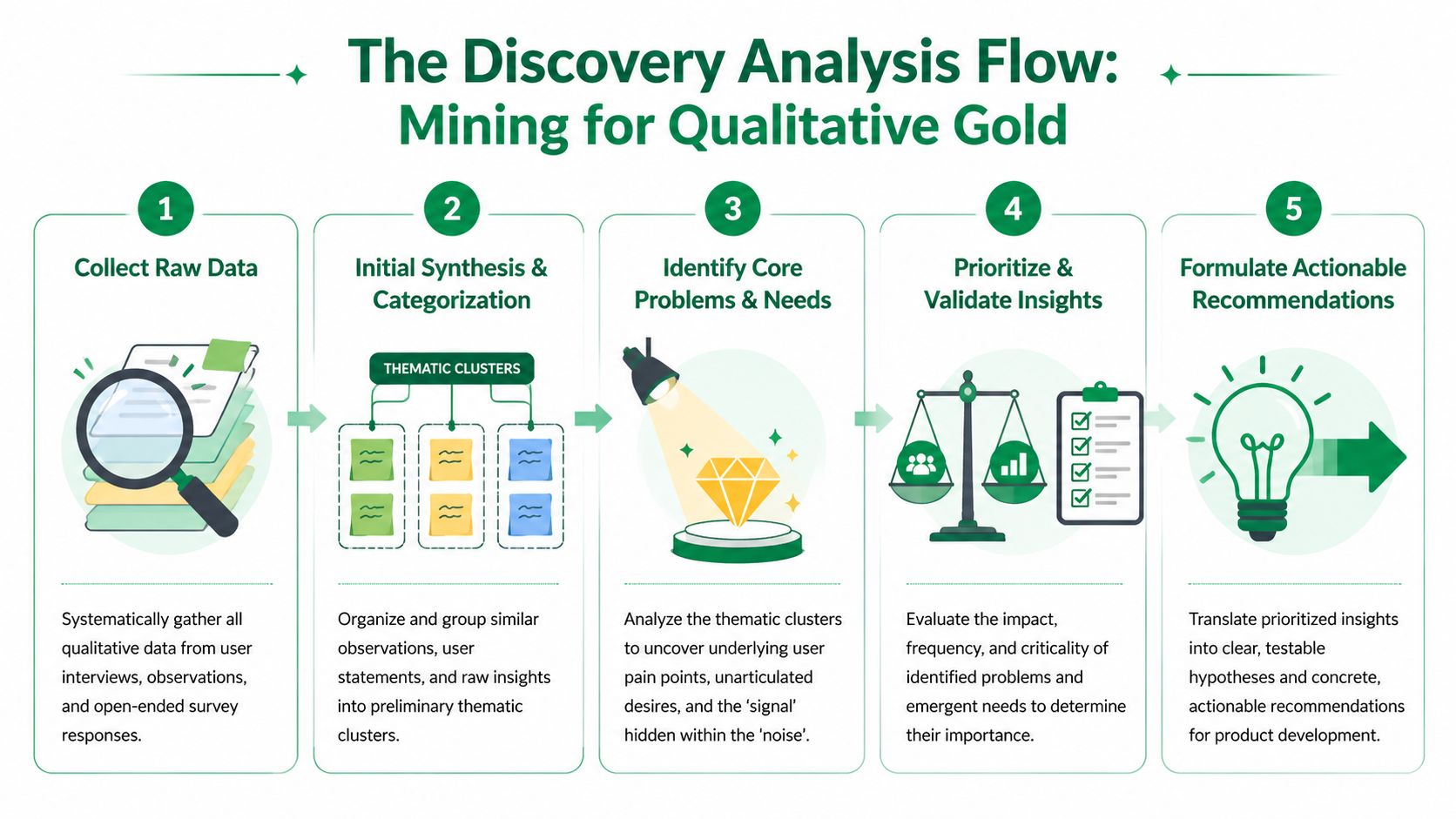 A five-step flowchart illustrating the process of gathering and analyzing qualitative user data for product development.