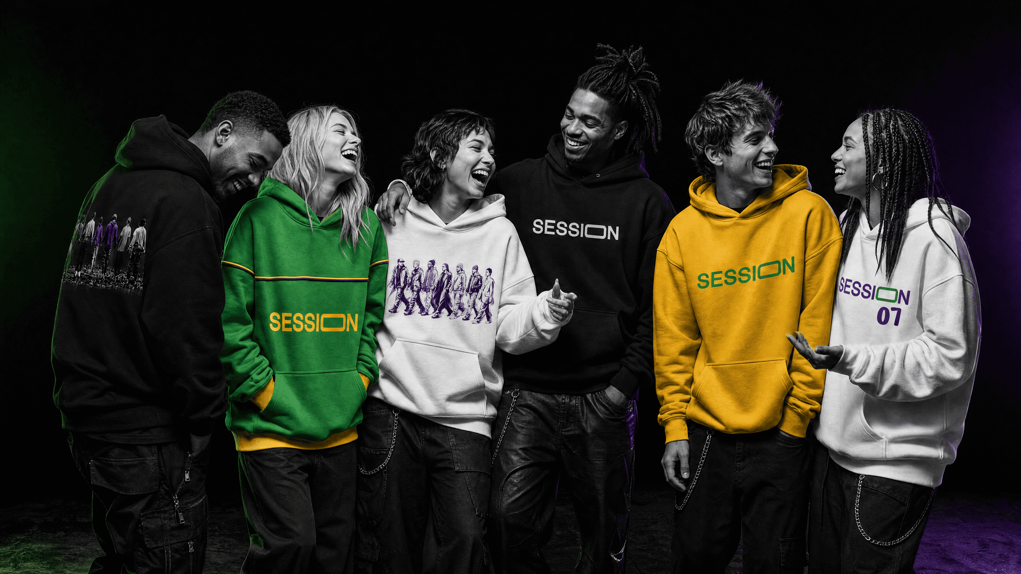 Six friends laughing in green, white, black and yellow hoodies from Session Zone’s cannabis apparel collection.