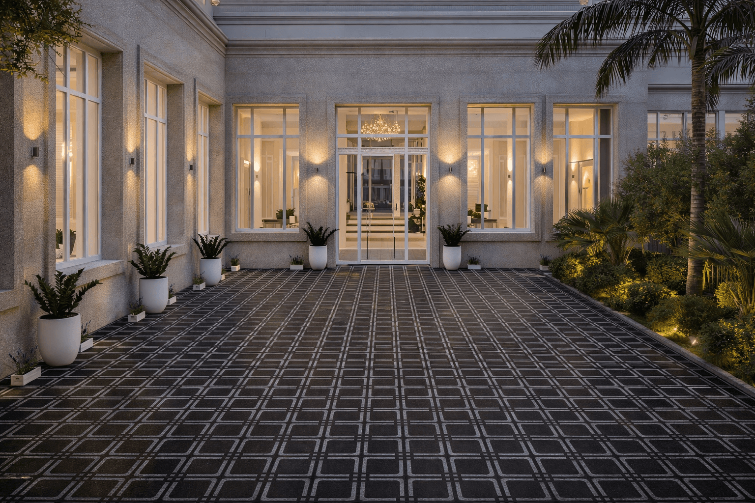 Regal stone paving used in luxury entrance driveway with structured geometric patterned flooring design